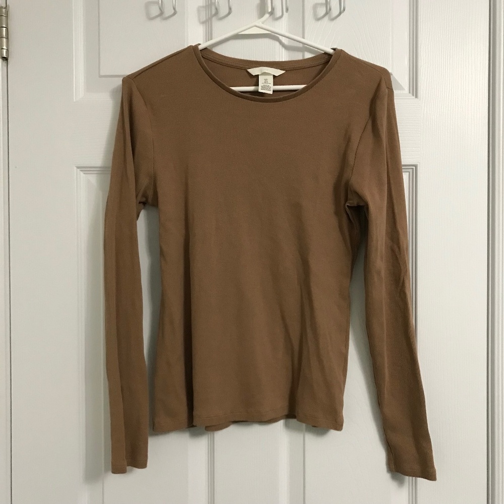 H&M Ribbed Scoop Neck Cotton Top M/L Fit Dark Beige Brown Long Sleeve